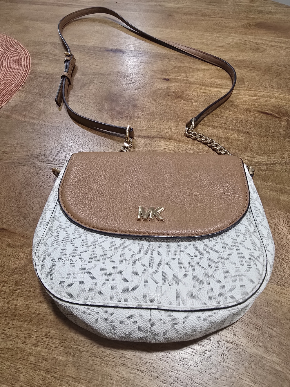 Michael Kors Tan and White MK Signature Crossbody Bag